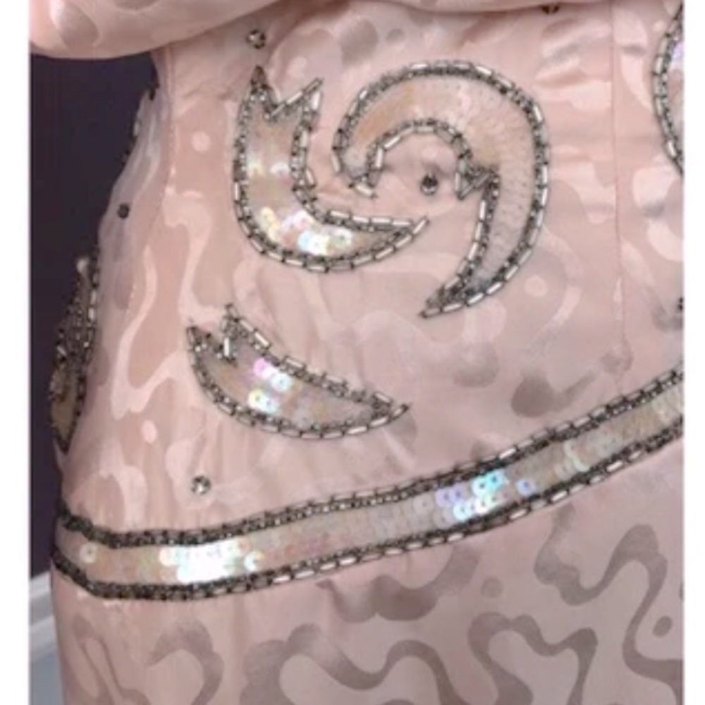 Vintage A.J. Bari Pink Midi dress Scoop neck Sequins trim long sleeves Size 12 - Picture 5 of 10